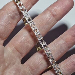 Seta Sterling Silver Gold Vermeil Diamond Chip Greek Ket Pattern Bracelet 6.75"